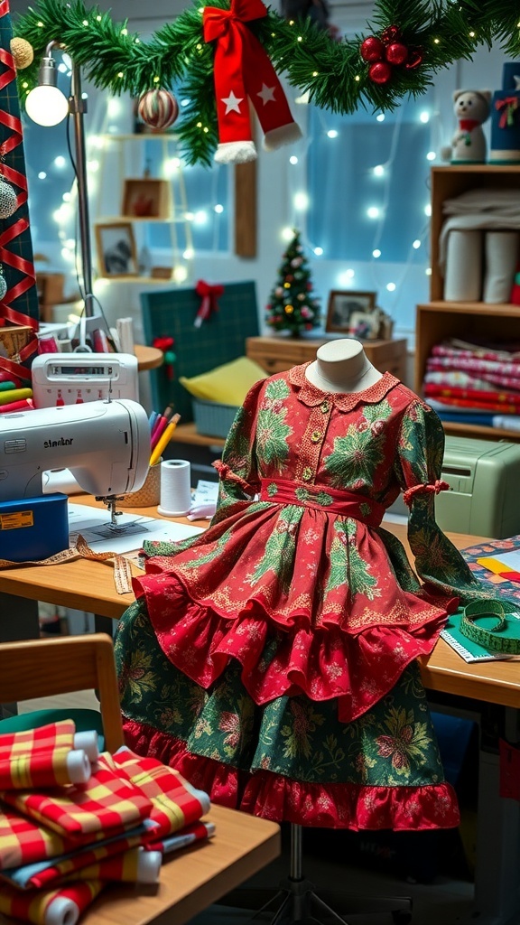 A sewing workspace with festive fabrics and sewing supplies for creating Christmas party outfits.